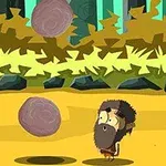 Un personaje de aspecto prehistórico con barba esquiva dos rocas en un entorno selvático