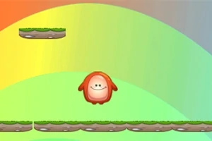 Un personaje redondo y sonriente flota entre plataformas verdes sobre un fondo con un degradado de colores del arco iris