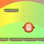 Un personaje redondo y sonriente flota entre plataformas verdes sobre un fondo con un degradado de colores del arco iris