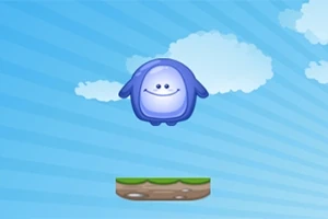 Personaje azul flotante sobre una plataforma en un cielo con nubes