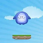 Personaje azul flotante sobre una plataforma en un cielo con nubes