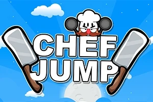 Un dibujo de un chef caricaturizado con un gorro blanco y sartenes, acompañado por el texto CHEF JUMP sobre un fondo azul con nubes y cuchillos grandes a los lados