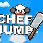 Un dibujo de un chef caricaturizado con un gorro blanco y sartenes, acompañado por el texto CHEF JUMP sobre un fondo azul con nubes y cuchillos grandes a los lados