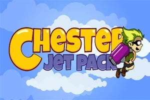 Texto colorido de Chester Jet Pack con un personaje de cabello verde y gafas volando con un jetpack sobre un fondo de nubes