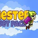 Texto colorido de Chester Jet Pack con un personaje de cabello verde y gafas volando con un jetpack sobre un fondo de nubes