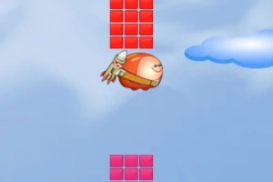 Personaje redondo con casco y propulsor volando entre bloques rojos en un cielo azul con nubes