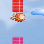 Personaje redondo con casco y propulsor volando entre bloques rojos en un cielo azul con nubes