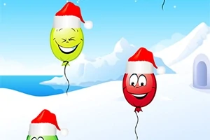 Globos coloridos con sombreros de Navidad flotando sobre un paisaje nevado