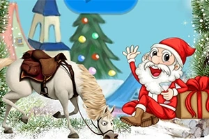 Santa Claus sonriente sentado junto a un regalo, con un caballo blanco inclinado y un árbol de Navidad de fondo