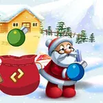 Santa Claus con un saco rojo llenando adornos navideños en un paisaje nevado frente a una cabaña