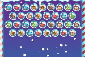 Esferas navideñas con imágenes de dulces, árboles y adornos en un fondo azul con nieve cayendo
