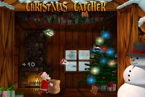 Un interior navideño de cabaña de madera con un árbol de Navidad decorado, regalos cayendo, una chimenea encendida y un muñeco de nieve a la derecha