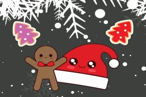 Galleta de jengibre sonriente junto a un gorro de Santa Claus, con copos de nieve y adornos de árboles de Navidad en el fondo