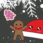 Galleta de jengibre sonriente junto a un gorro de Santa Claus, con copos de nieve y adornos de árboles de Navidad en el fondo