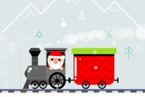 Tren de juguete con una figura de Santa Claus en el vagón delantero sobre un paisaje invernal