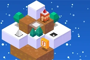 Un personaje con gorro rojo está en un paisaje cuadriculado de nieve y tierra con árboles y nieve cayendo