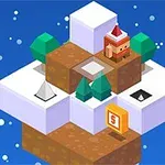 Un personaje con gorro rojo está en un paisaje cuadriculado de nieve y tierra con árboles y nieve cayendo