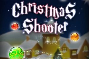 Texto Christmas Shooter con fondo de casas nevadas y esferas navideñas