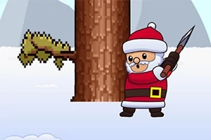 Un personaje vestido de Santa Claus con un hacha junto a un árbol en un paisaje nevado y montañoso