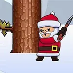 Un personaje vestido de Santa Claus con un hacha junto a un árbol en un paisaje nevado y montañoso