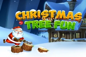 Papá Noel cortando troncos en un paisaje nevado frente a una cabaña, con el texto Christmas Tree Fun en la parte superior
