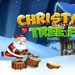 Papá Noel cortando troncos en un paisaje nevado frente a una cabaña, con el texto Christmas Tree Fun en la parte superior
