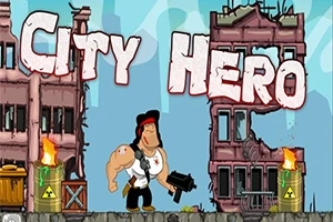 Dibujo de un hombre musculoso con una pistola en un paisaje urbano post-apocalíptico con edificios en ruinas y barriles en llamas