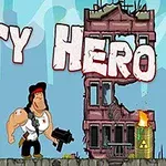 Dibujo de un hombre musculoso con una pistola en un paisaje urbano post-apocalíptico con edificios en ruinas y barriles en llamas