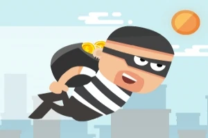 Personaje de animación volando con un saco de dinero y antifaz en un fondo urbano