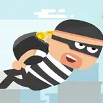 Personaje de animación volando con un saco de dinero y antifaz en un fondo urbano