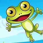Rana caricaturesca sonriente y de grandes ojos sobre fondo azul con nubes y hoja de lirio
