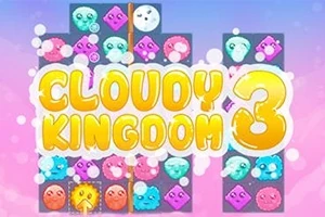 Título amarillo grande que dice Cloudy Kingdom 3 sobre un fondo con figuras geométricas de colores y caras sonrientes