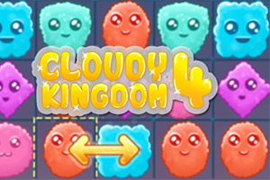 Personajes esponjosos de colores con caras sonrientes y texto CLOUDY KINGDOM 4 en el centro