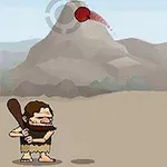 Un cavernícola con un garrote se prepara para golpear una bola en un paisaje desértico con montañas al fondo
