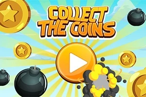 Texto Collect the Coins con monedas doradas y bombas negras sobre un fondo azul con nubes y un botón de reproducción amarillo en el centro