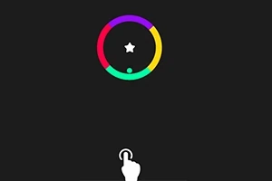 Círculo de colores rojo, amarillo, verde y morado con una estrella en el centro y un ícono de mano señalando hacia arriba sobre un fondo negro