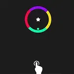 Círculo de colores rojo, amarillo, verde y morado con una estrella en el centro y un ícono de mano señalando hacia arriba sobre un fondo negro