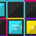 Cuadrícula colorida de seis casillas con números y texto STEPS 85 en el centro