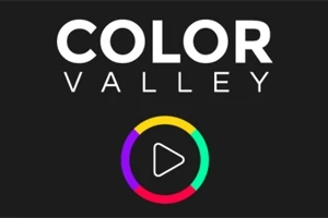 Texto Color Valley en blanco sobre fondo negro con un círculo multicolor y un ícono de reproducir en el centro