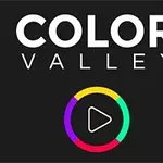 Texto Color Valley en blanco sobre fondo negro con un círculo multicolor y un ícono de reproducir en el centro