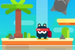 Personaje animado con cinta roja en la cabeza en un entorno colorido con palmera y fondo azul