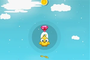 Un pájaro amarillo con ojos grandes suspendido en el aire bajo una gema roja en un cielo azul con nubes blancas y una moneda dorada arriba