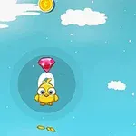 Un pájaro amarillo con ojos grandes suspendido en el aire bajo una gema roja en un cielo azul con nubes blancas y una moneda dorada arriba