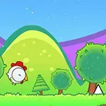 Un pollo dibujado vuela sobre un paisaje colorido con colinas verdes y árboles redondeados al frente de montañas violetas