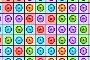 Matriz de esferas de colores con estrellas en el centro sobre un fondo cuadriculado