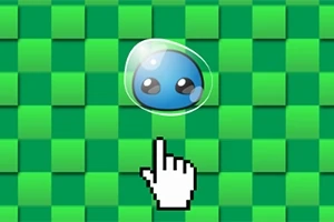 Carácter azul con apariencia gelatinosa y ojos grandes encima de un fondo cuadrado verde, junto a un cursor en forma de mano