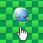Carácter azul con apariencia gelatinosa y ojos grandes encima de un fondo cuadrado verde, junto a un cursor en forma de mano