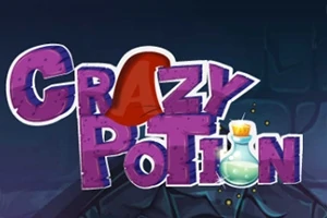 Texto colorido Crazy Potion con un frasco de poción en el fondo oscuro