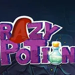Texto colorido Crazy Potion con un frasco de poción en el fondo oscuro