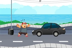 Un personaje con una gorra roja levantando los brazos sorprendido frente a un automóvil negro en una carretera junto al mar